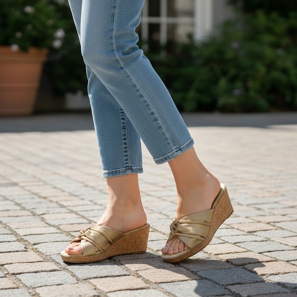Tuscany by Easy Street Shoes - Tuscany by Easy Street Gold Metallic Wedge Sandals Made in Italy Womens 11W